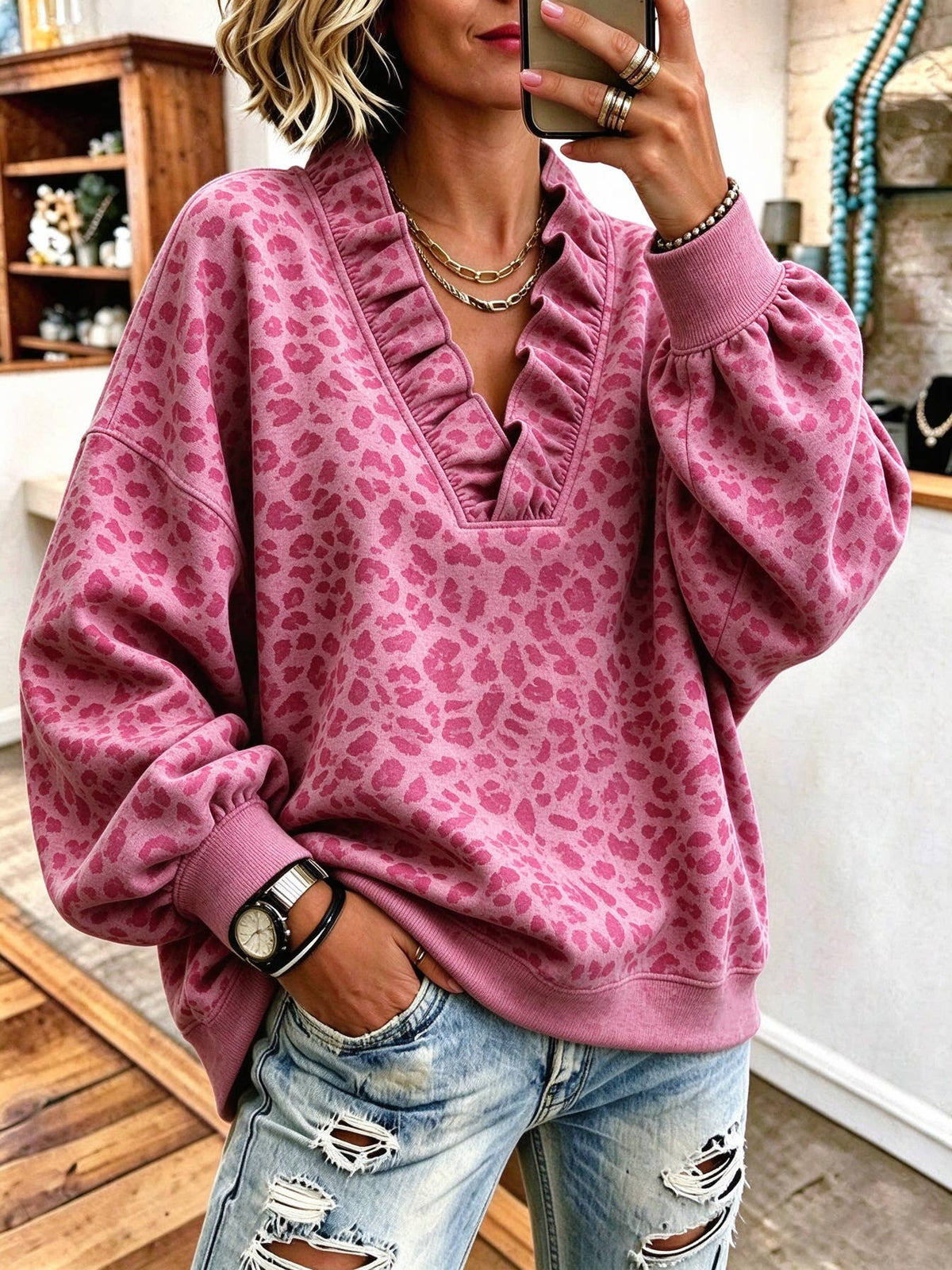 Ruffle V-Neck Loose Casual Sweatshirt