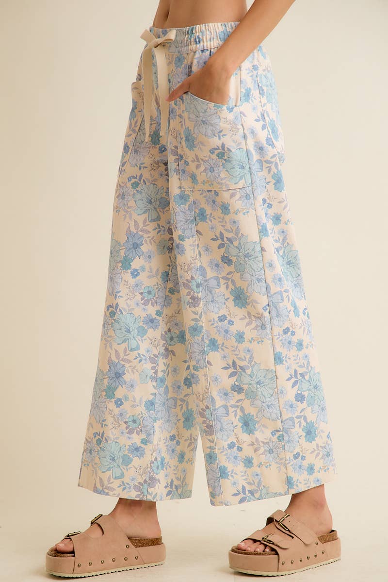 FLORAL COTTON TWILL ELASTICIZED WAIST WIDE PANTS