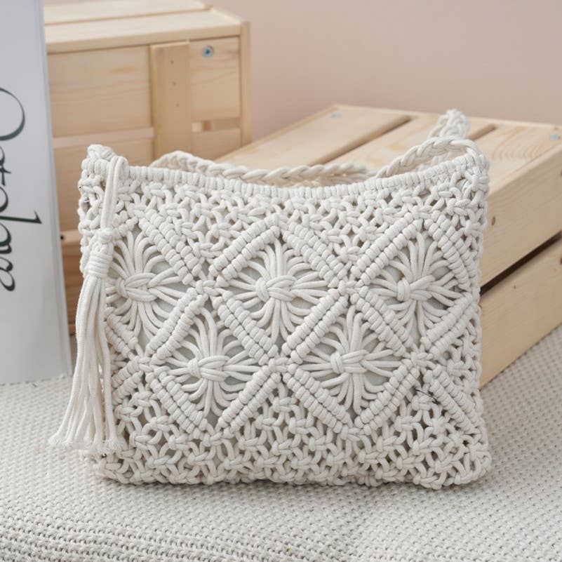 Woven Macrame Tassel Crochet Crossbody Handbag