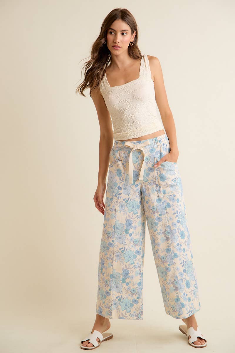 FLORAL COTTON TWILL ELASTICIZED WAIST WIDE PANTS