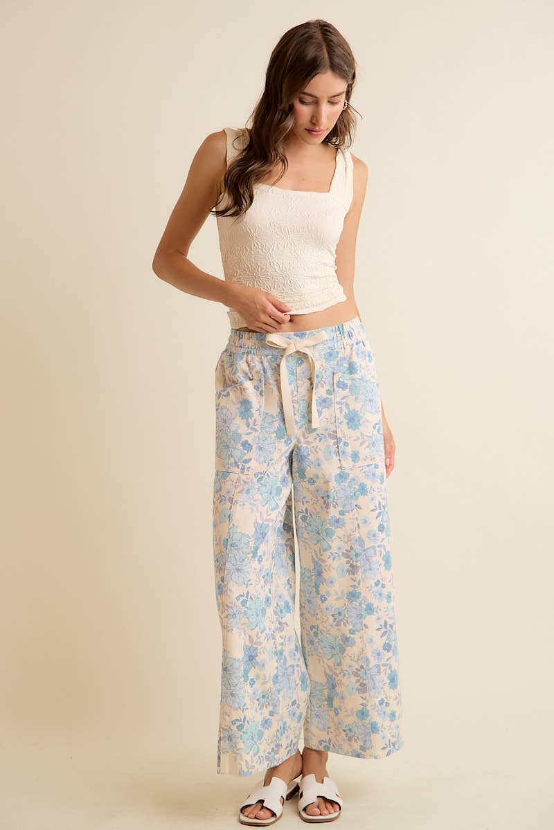 FLORAL COTTON TWILL ELASTICIZED WAIST WIDE PANTS
