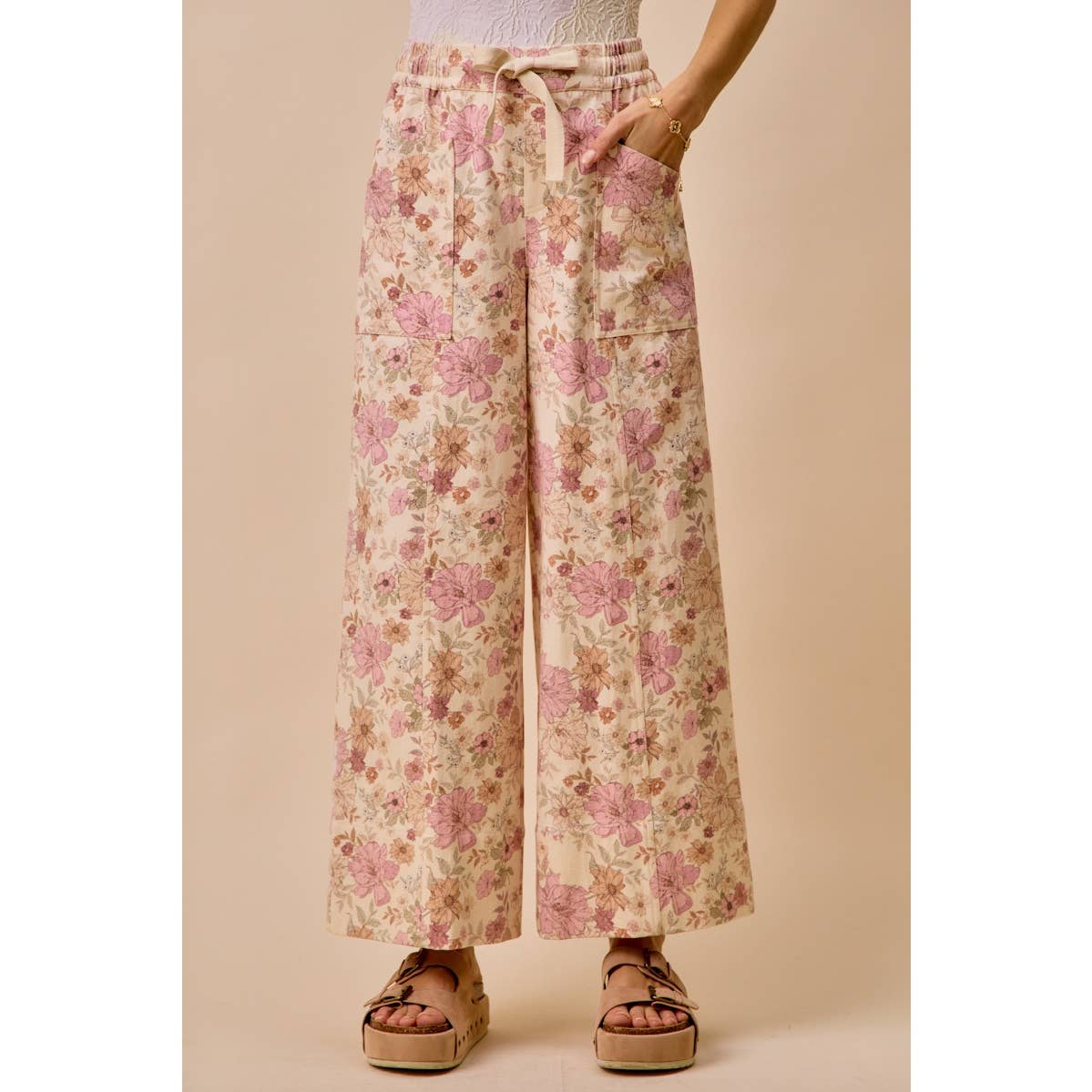 FLORAL COTTON TWILL ELASTICIZED WAIST WIDE PANTS