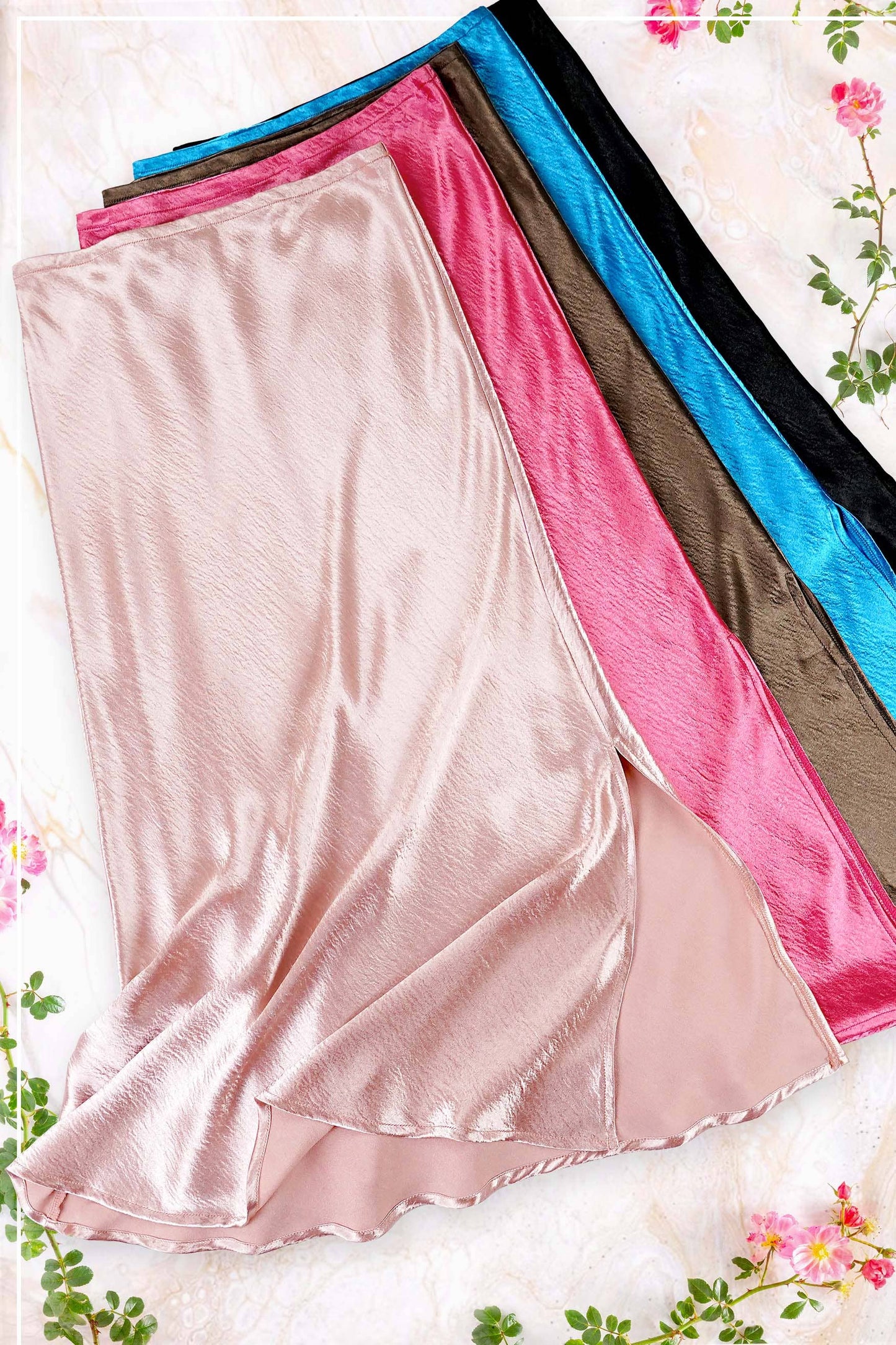 High-Waisted Midi Length Satin Effect Solid Skirt