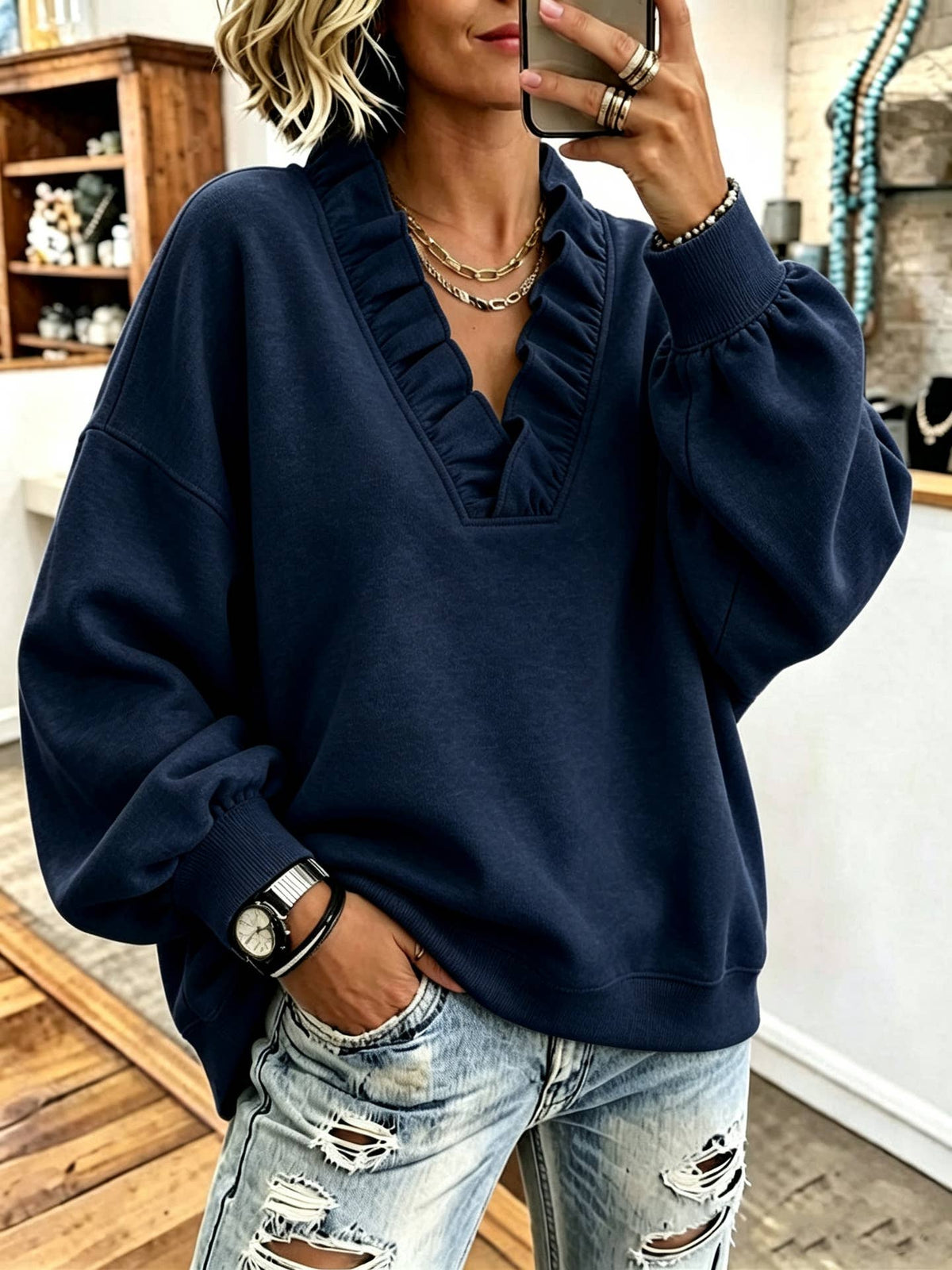 Ruffle V-Neck Loose Casual Sweatshirt