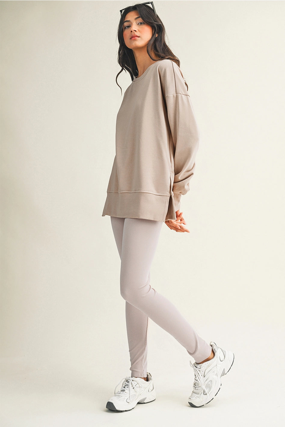 Solid Color Slit Sweatshirt Ribbed Leggings 2 Piece Set Color Green Bay