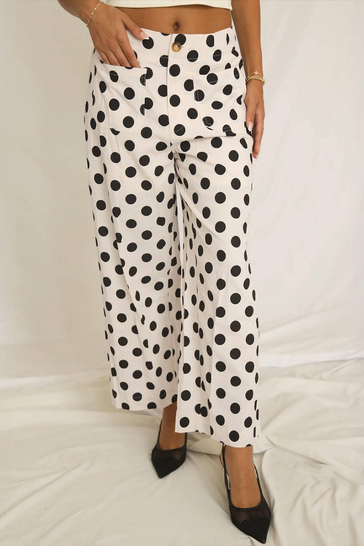Polka Dot Print Square Patch Pocket Pants