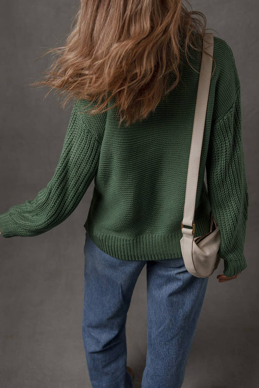 Solid Color Mix Texture Knit Front Seam Detail Sweater