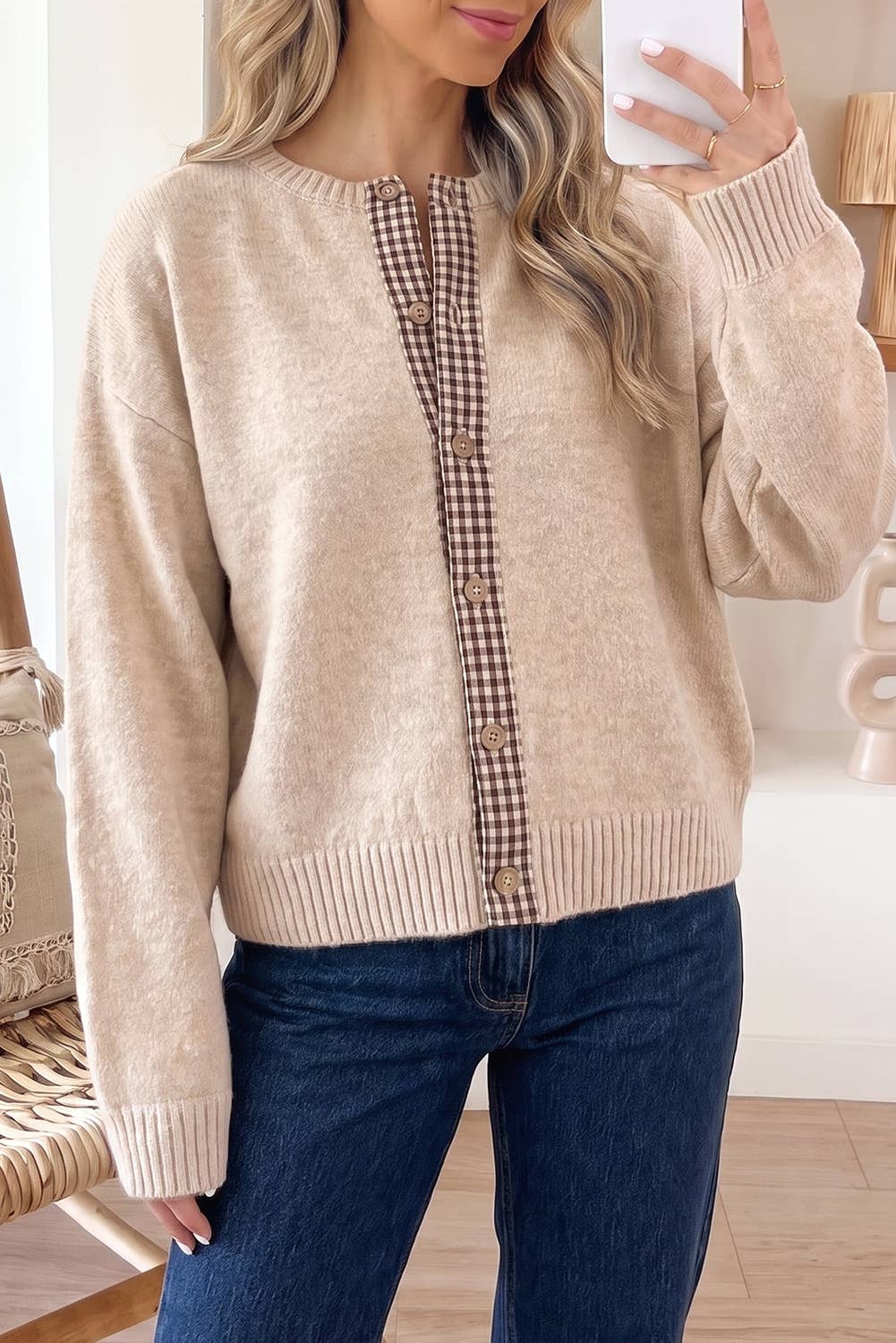 Plaid Trim Button Down Cardigan