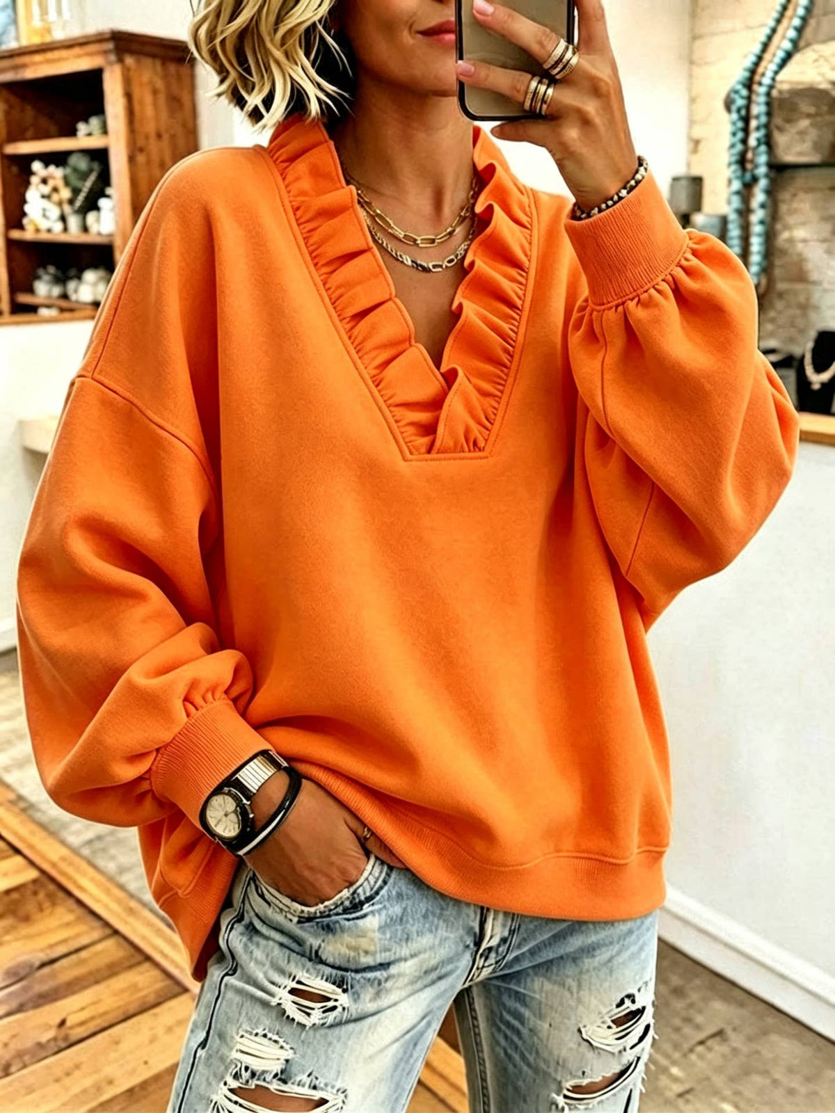 Ruffle V-Neck Loose Casual Sweatshirt