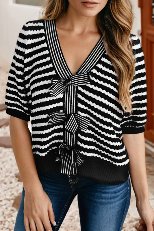V Neck Bow Knot Front Sweater