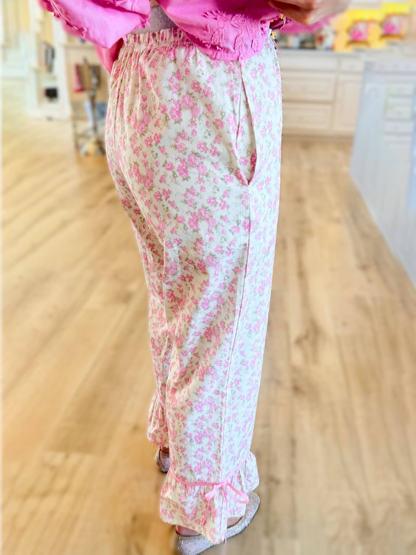Lightweight Floral Ruffle Hem Wide Leg Pants