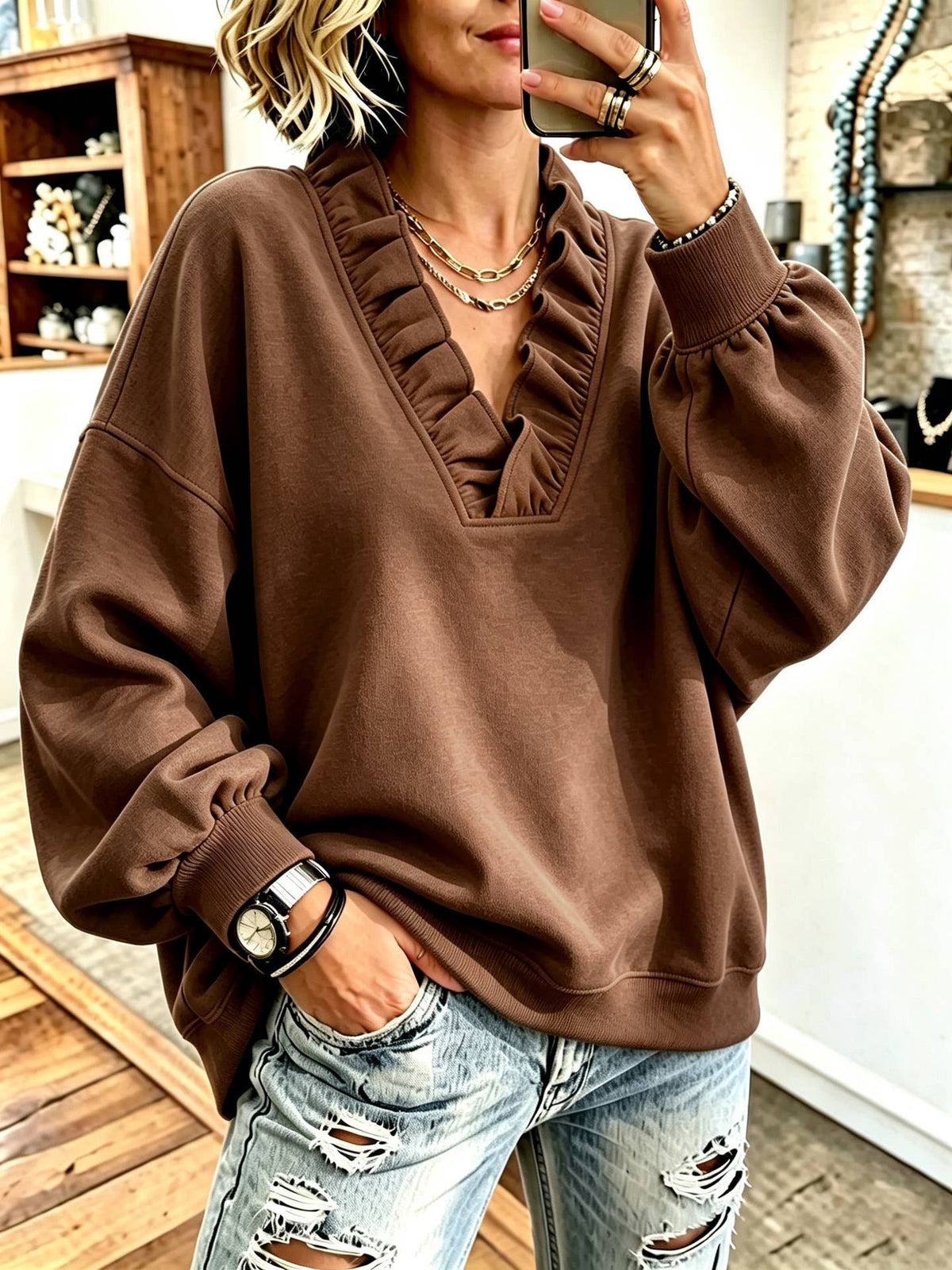 Ruffle V-Neck Loose Casual Sweatshirt