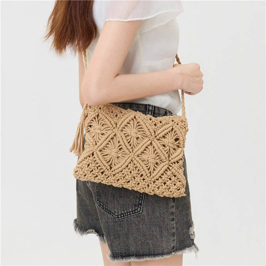 Woven Macrame Tassel Crochet Crossbody Handbag
