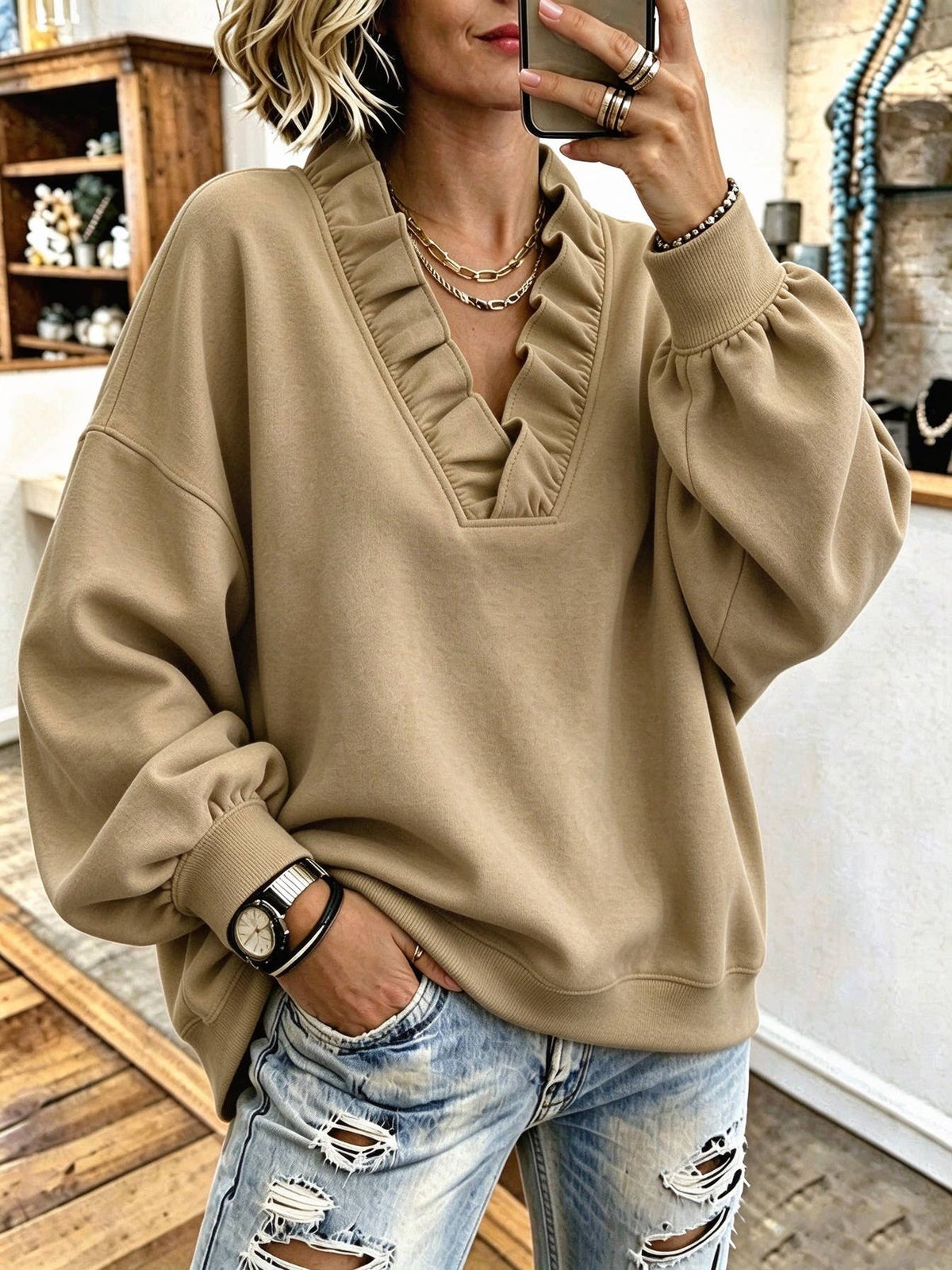 Ruffle V-Neck Loose Casual Sweatshirt