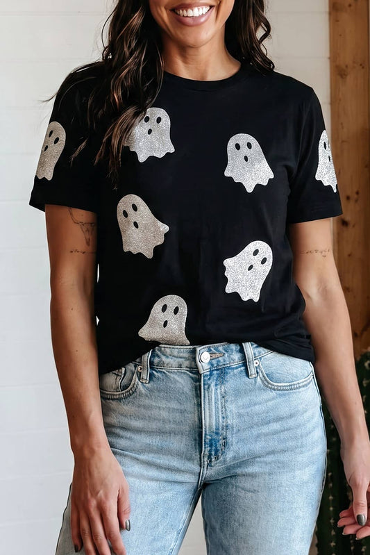 Glitter Ghost Pattern Crew Neck Halloween T Shirt