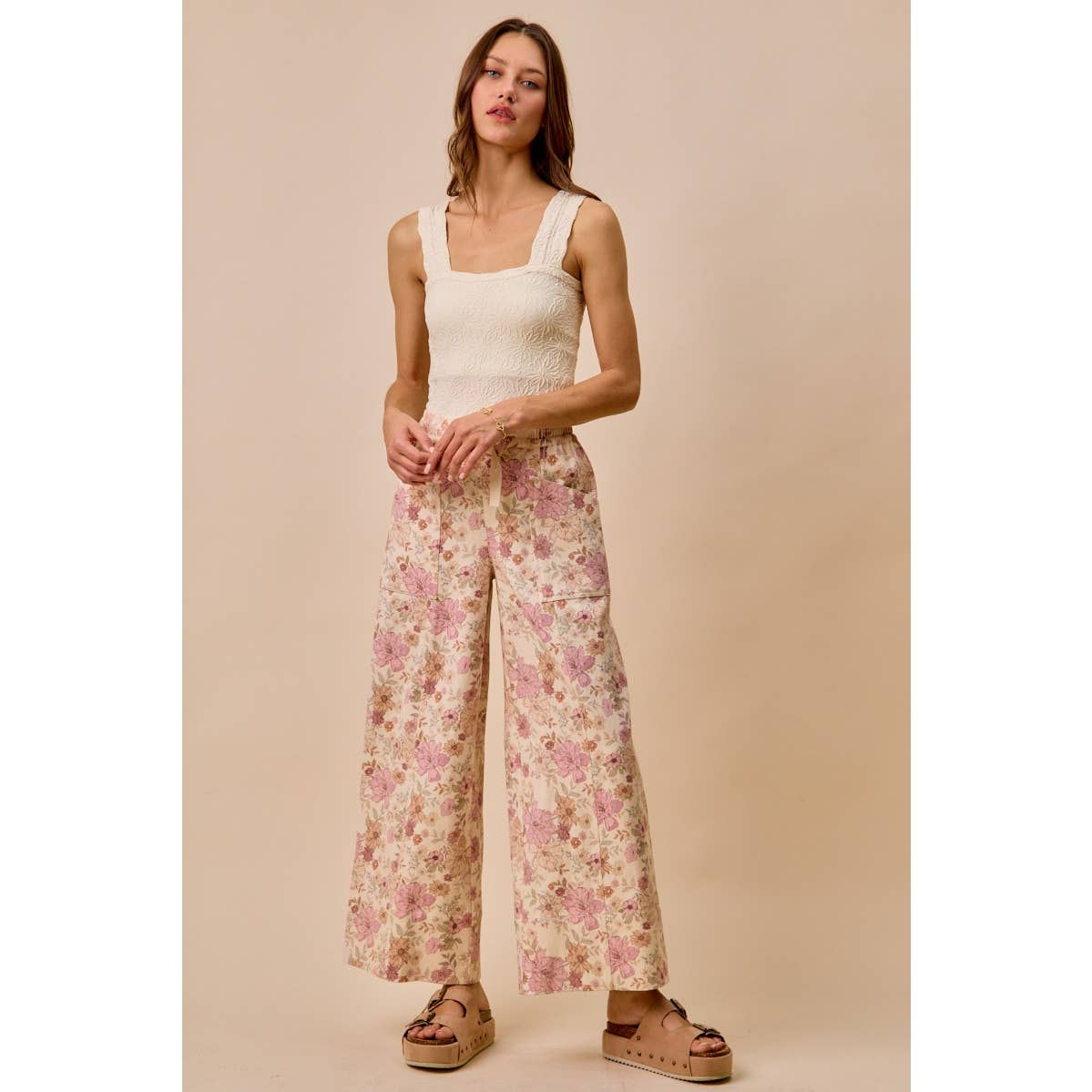 FLORAL COTTON TWILL ELASTICIZED WAIST WIDE PANTS