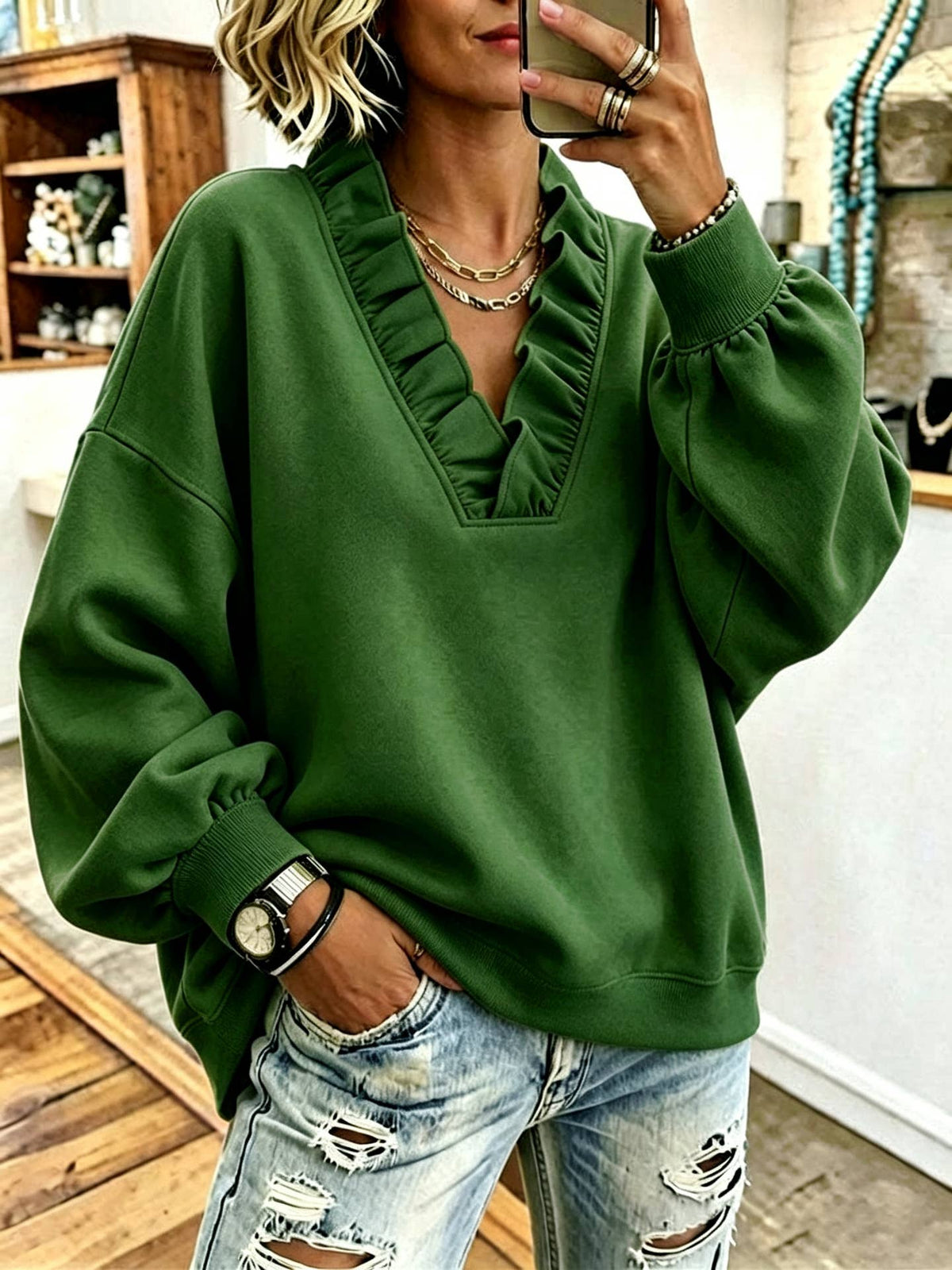 Ruffle V-Neck Loose Casual Sweatshirt
