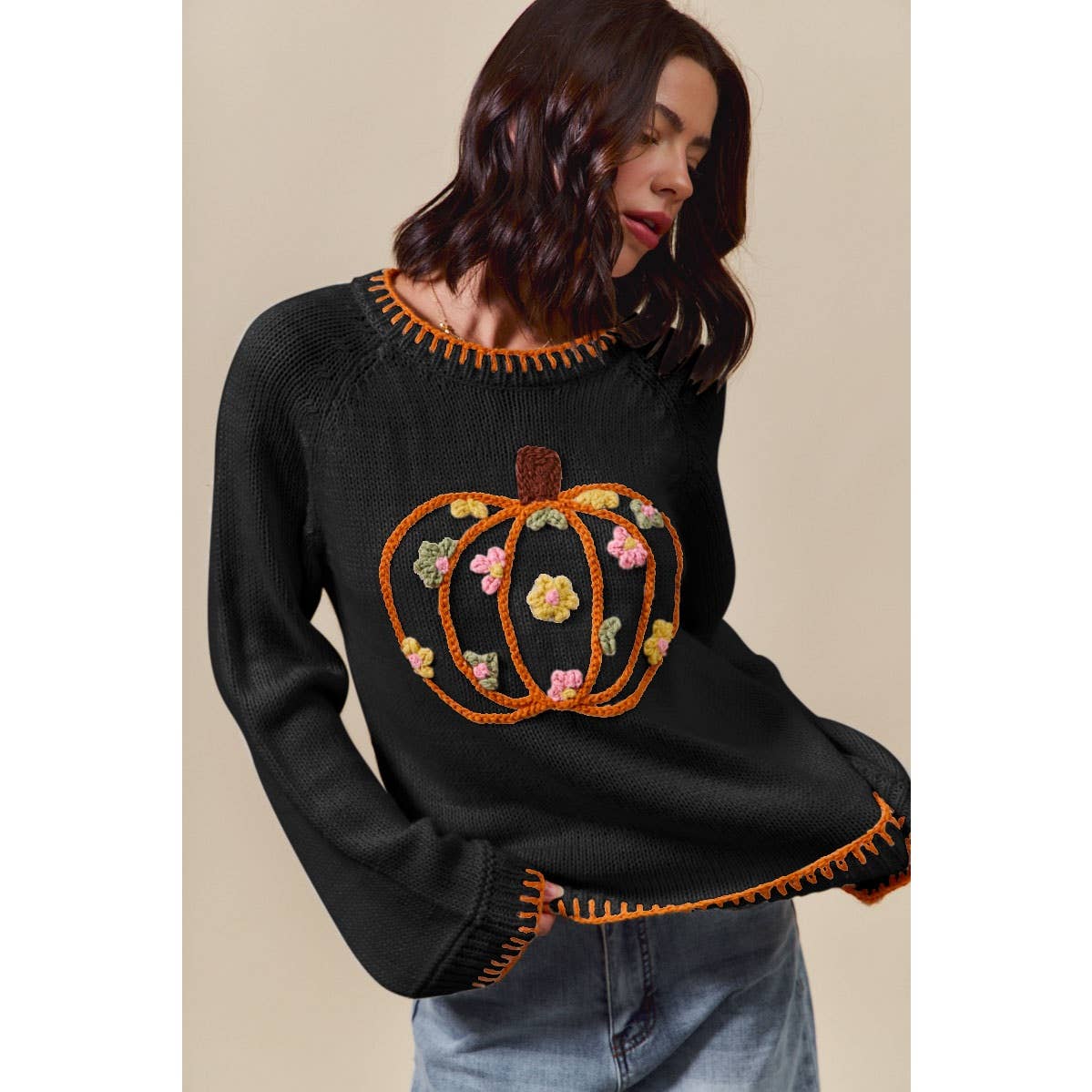 PUMPKIN FLORAL EMBROIDERED THANKSGIVING SWEATER