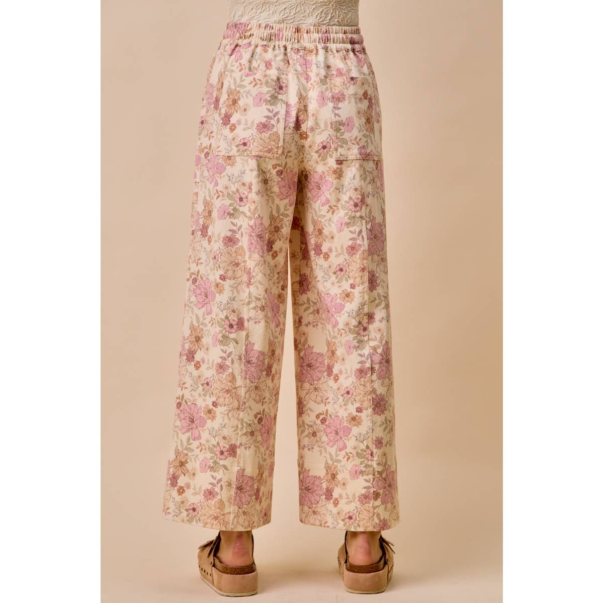 FLORAL COTTON TWILL ELASTICIZED WAIST WIDE PANTS
