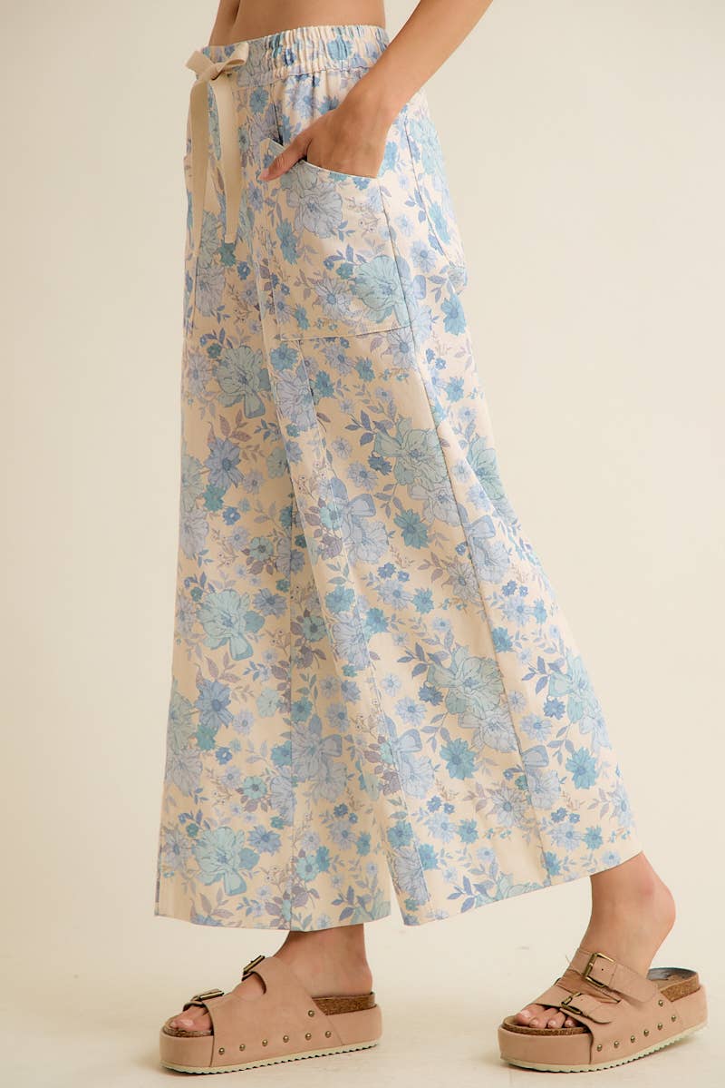 FLORAL COTTON TWILL ELASTICIZED WAIST WIDE PANTS