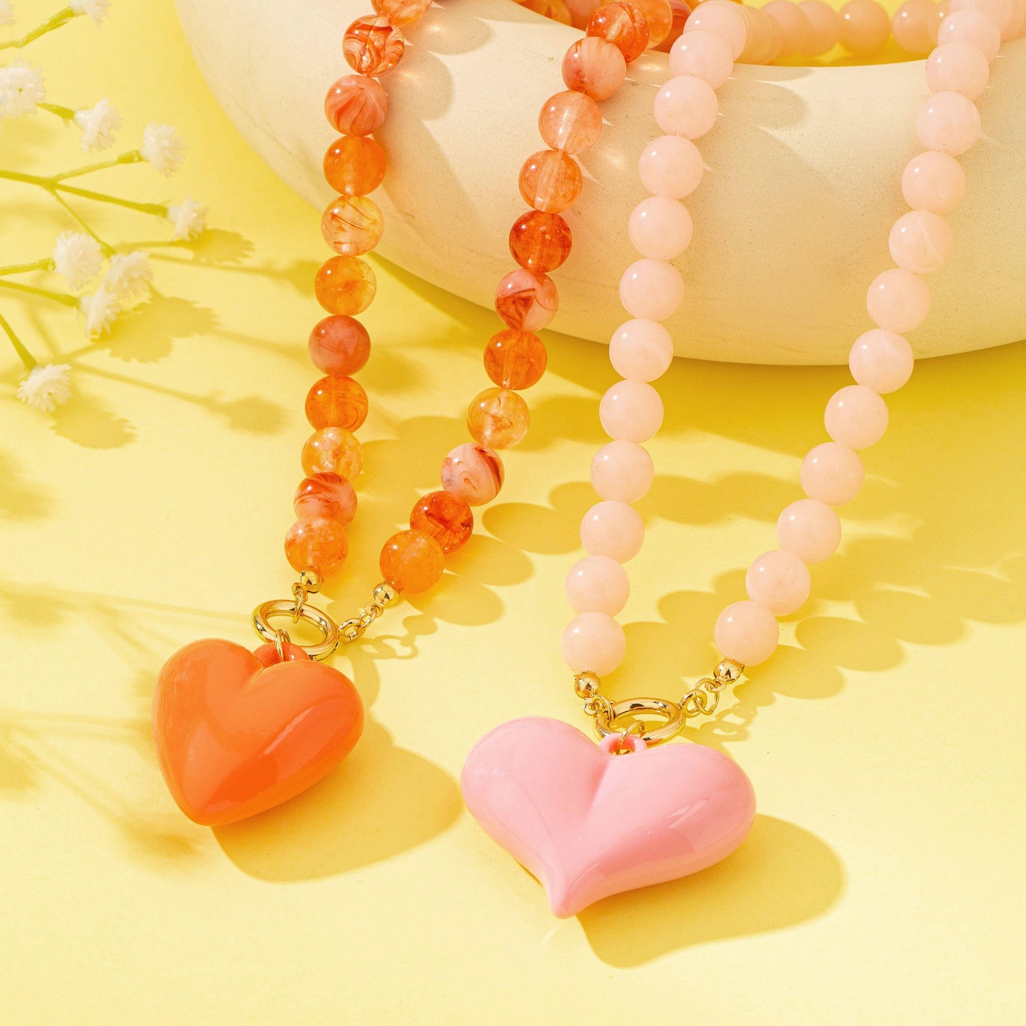 Sweetheart Pink Beaded Heart Necklace