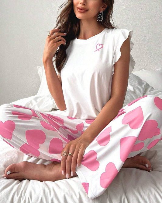 Heart Print Ruffled Sleeveless Top & Pants Pajama Set