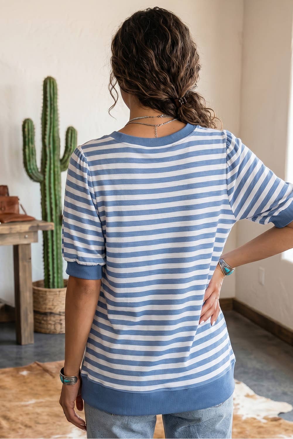 Summer 2026 Stripe Short Bubble Sleeve Colorblock T Shirt