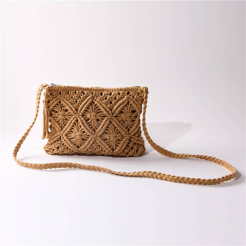 Woven Macrame Tassel Crochet Crossbody Handbag