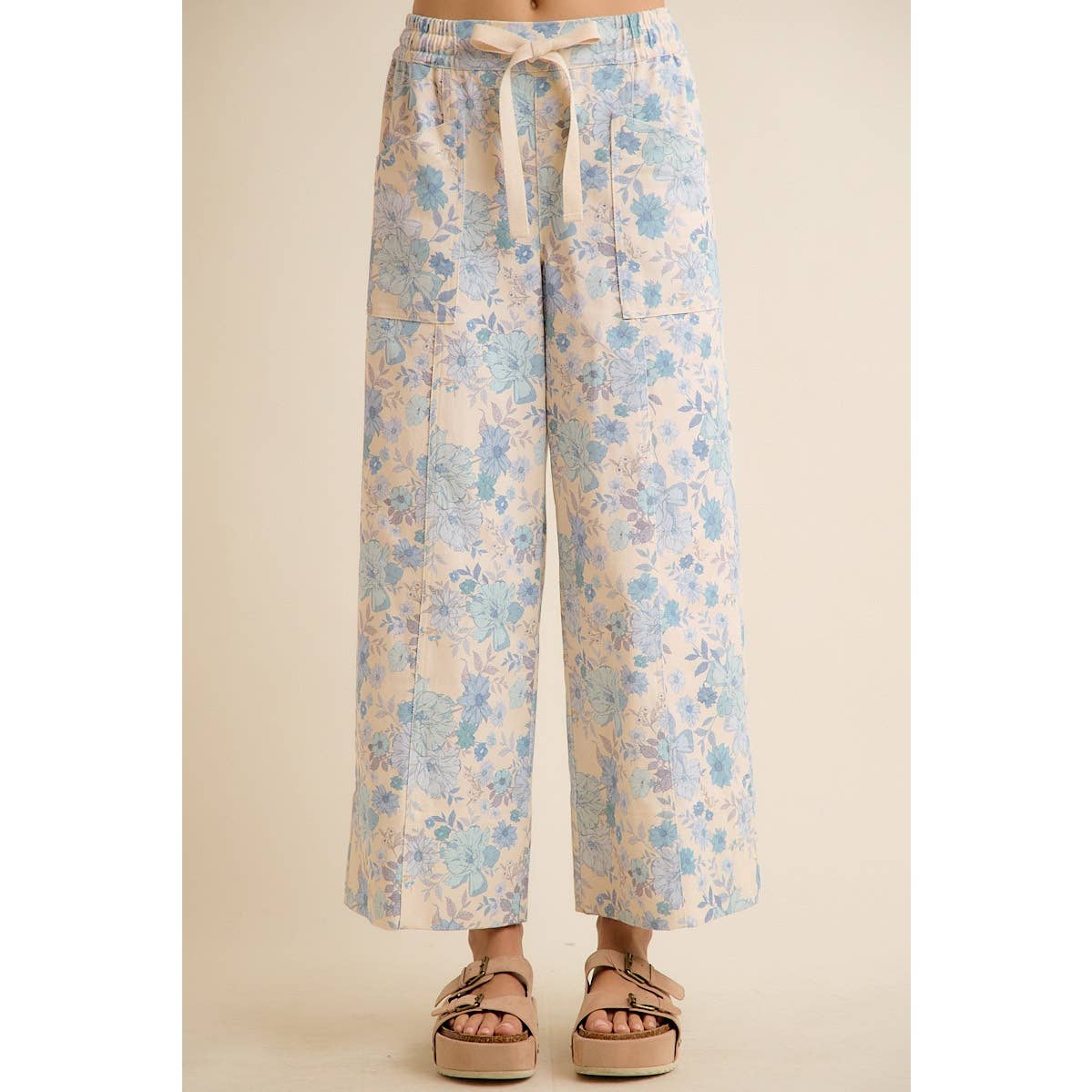 FLORAL COTTON TWILL ELASTICIZED WAIST WIDE PANTS