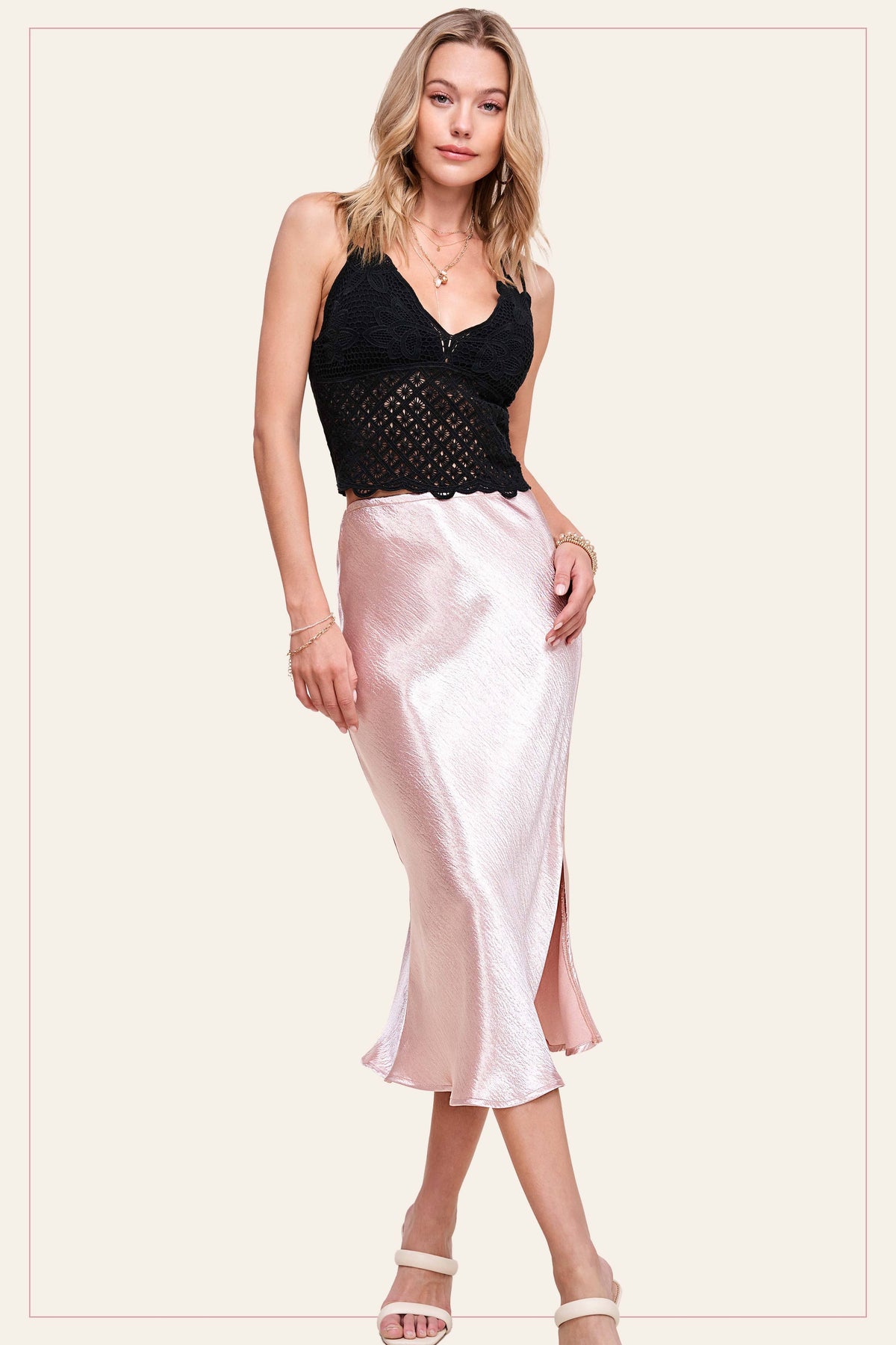High-Waisted Midi Length Satin Effect Solid Skirt