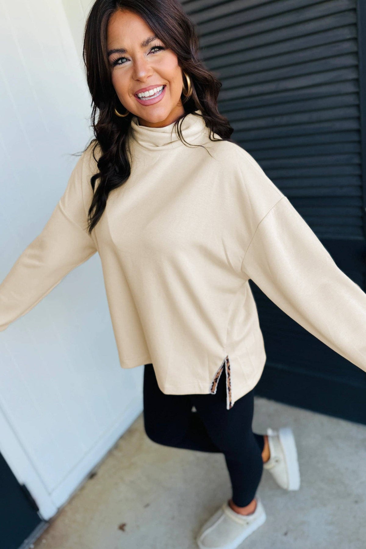 Mock Neck Leopard Split Hem Long Sleeve Top