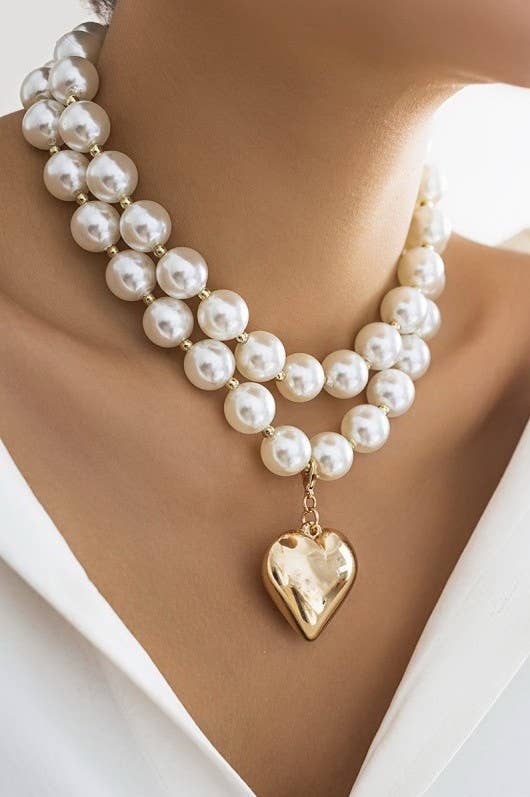 LUSTROUS PEARL BEADED LAYERED HEART NECKLACE