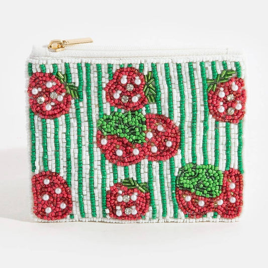 Stripes And Strawberry Fruit Seed Beaded Coin Purse