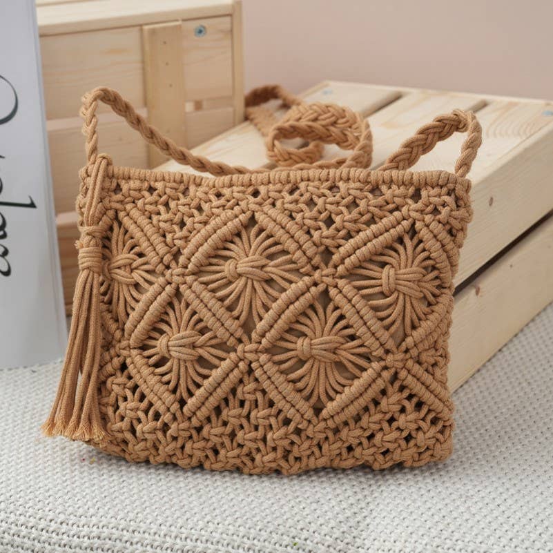 Woven Macrame Tassel Crochet Crossbody Handbag