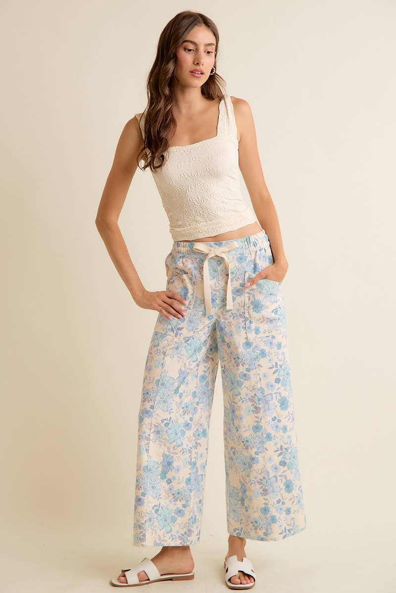 FLORAL COTTON TWILL ELASTICIZED WAIST WIDE PANTS