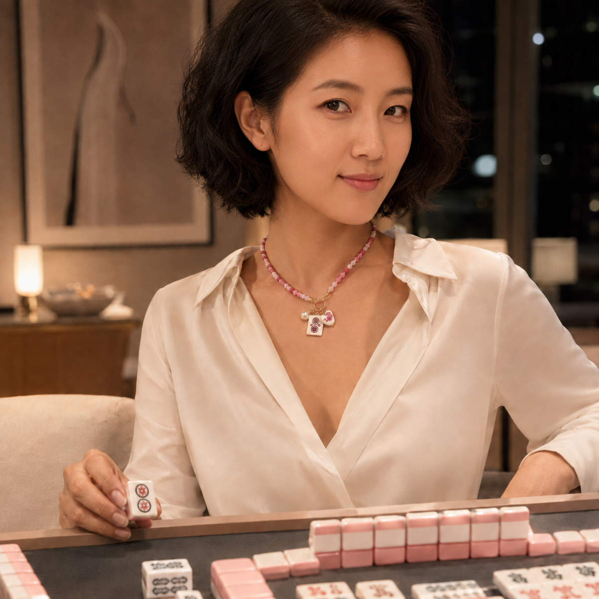 Mahjong Tile Charm Beaded Necklace