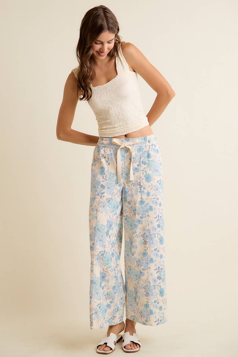 FLORAL COTTON TWILL ELASTICIZED WAIST WIDE PANTS
