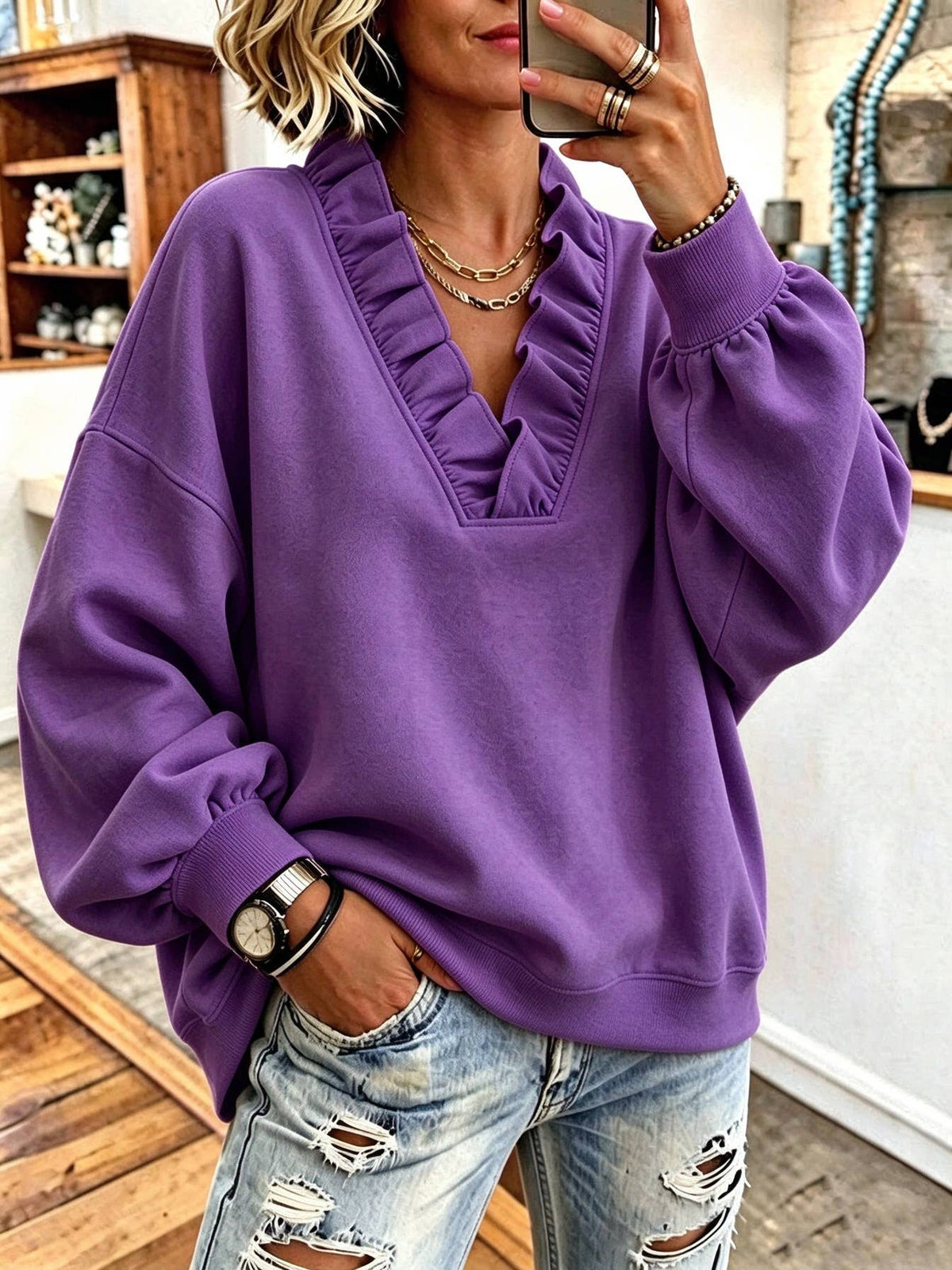 Ruffle V-Neck Loose Casual Sweatshirt
