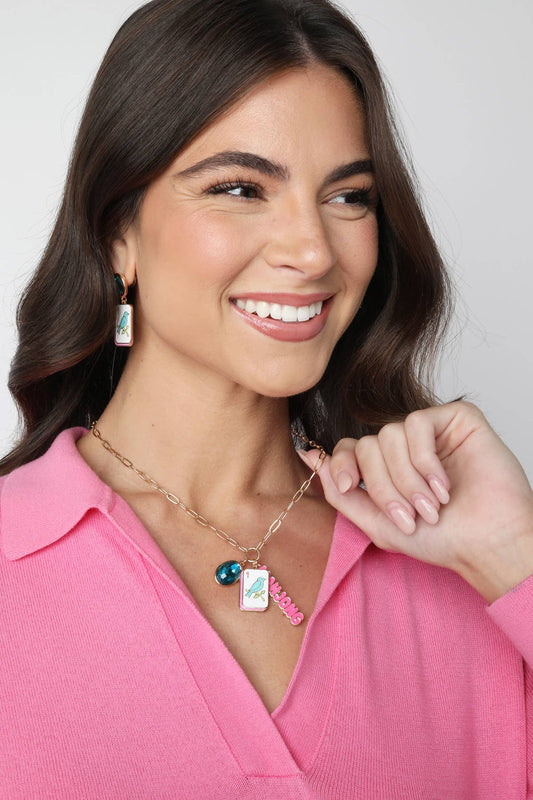 Mahjong Bird Bam Charm Necklace in Aqua, Light Pink, & Shiny Gold