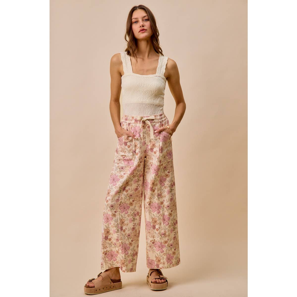 FLORAL COTTON TWILL ELASTICIZED WAIST WIDE PANTS