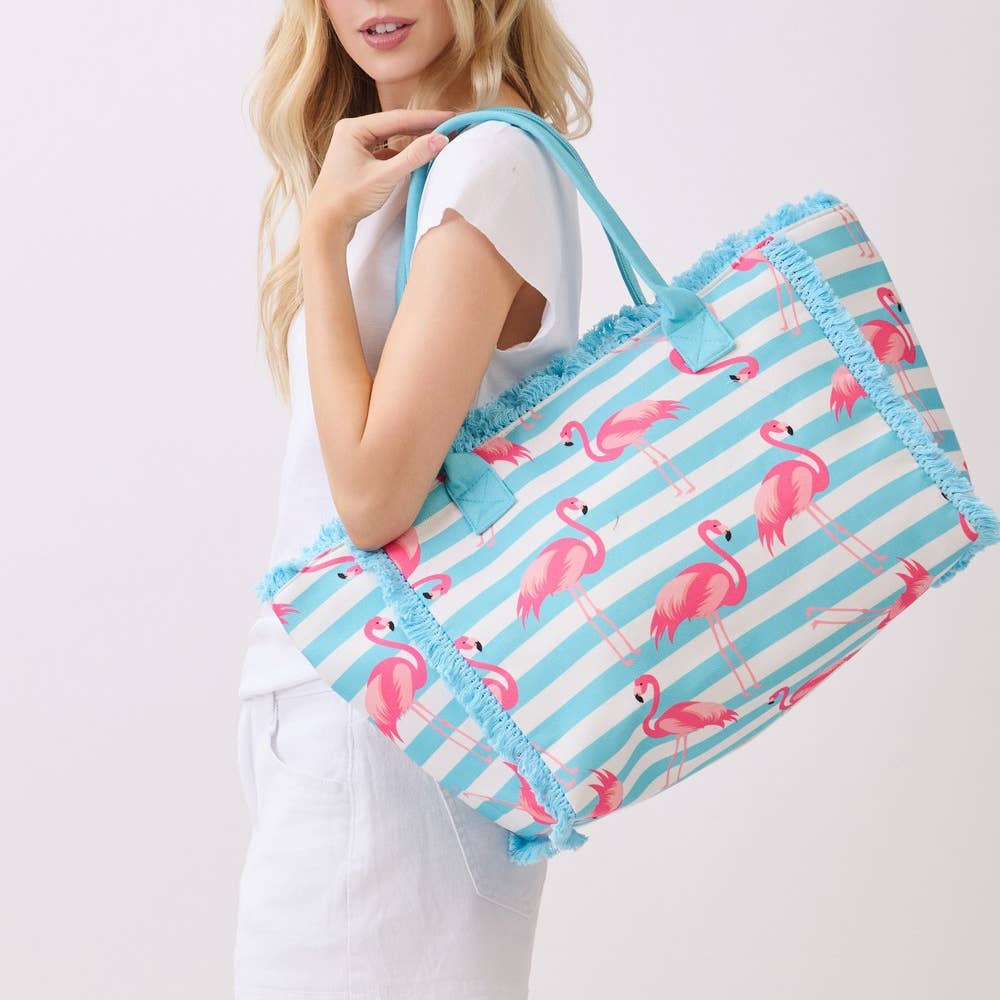Flamingo Print Striped Tote Bag