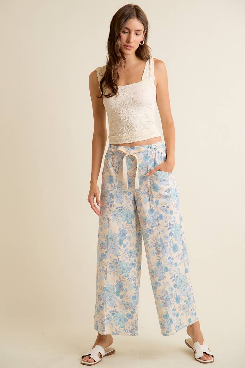 FLORAL COTTON TWILL ELASTICIZED WAIST WIDE PANTS