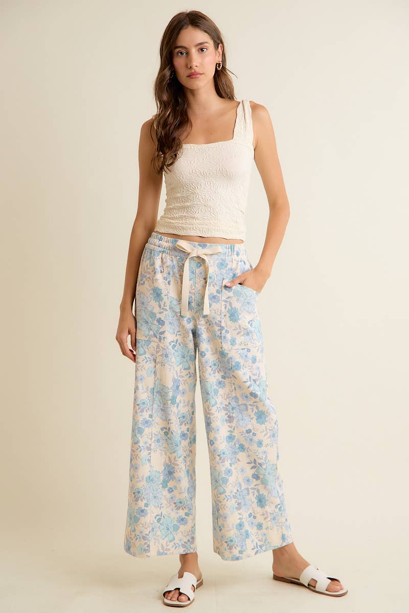 FLORAL COTTON TWILL ELASTICIZED WAIST WIDE PANTS