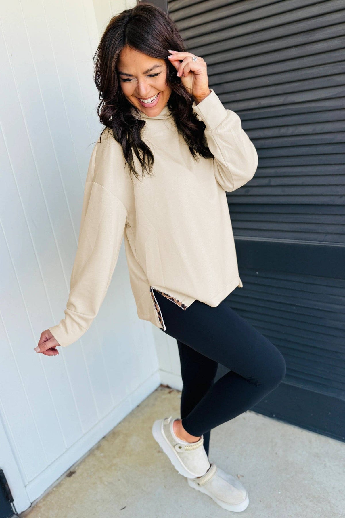 Mock Neck Leopard Split Hem Long Sleeve Top