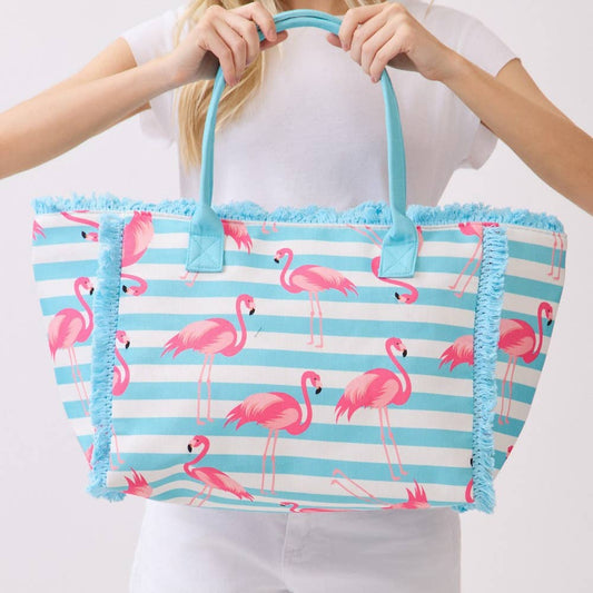 Flamingo Print Striped Tote Bag