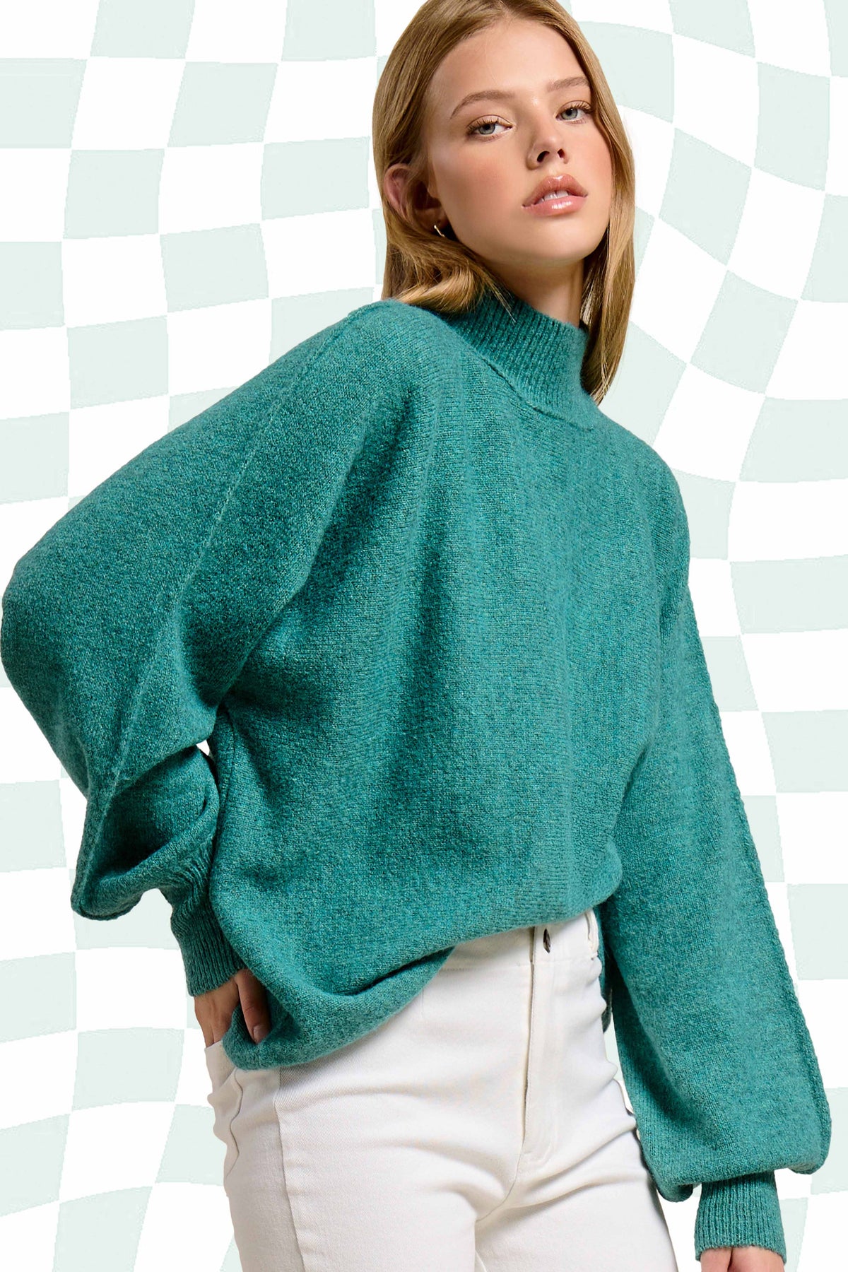 Loose Fit Balloon Sleeves Mock Neck Sweater