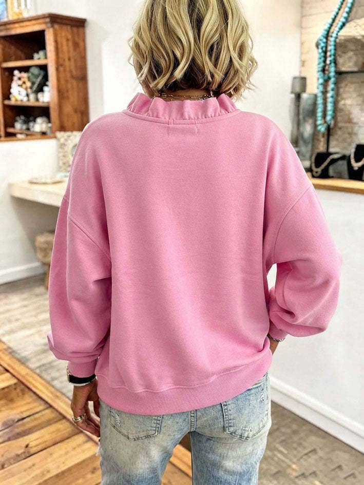 Ruffle V-Neck Loose Casual Sweatshirt