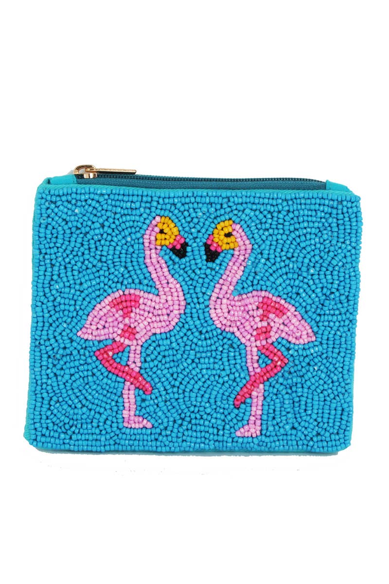 Two Flamingo Beaded Coin Purse
