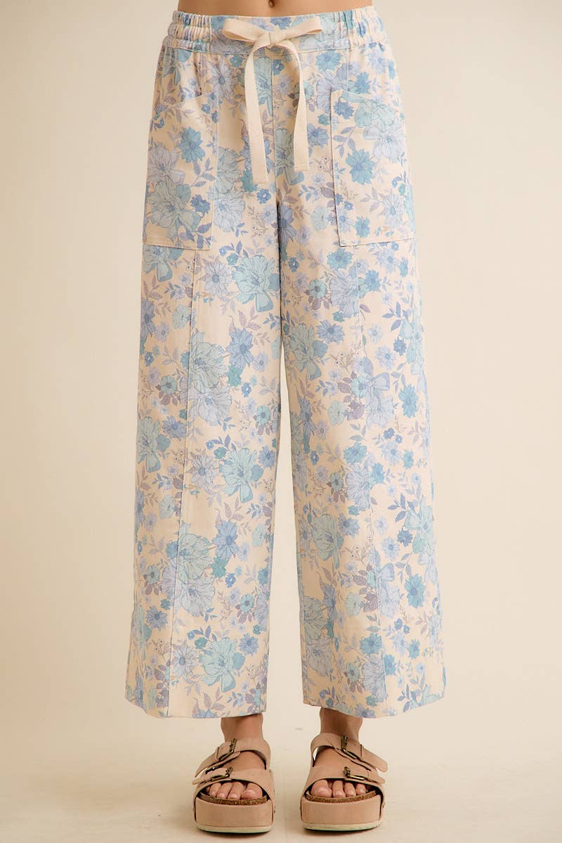 FLORAL COTTON TWILL ELASTICIZED WAIST WIDE PANTS