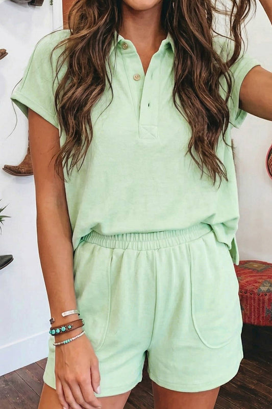 Summer Solid Loose Polo Tee Elastic Waist 2pcs Short Set